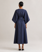 Women’s Midi Dress in Smooth Woven Fabric with Belted Waist and Flowing Skirt 01