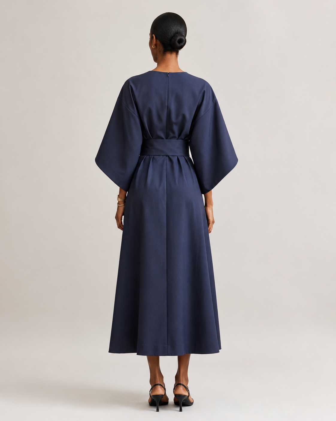 Women’s Midi Dress in Smooth Woven Fabric with Belted Waist and Flowing Skirt 01