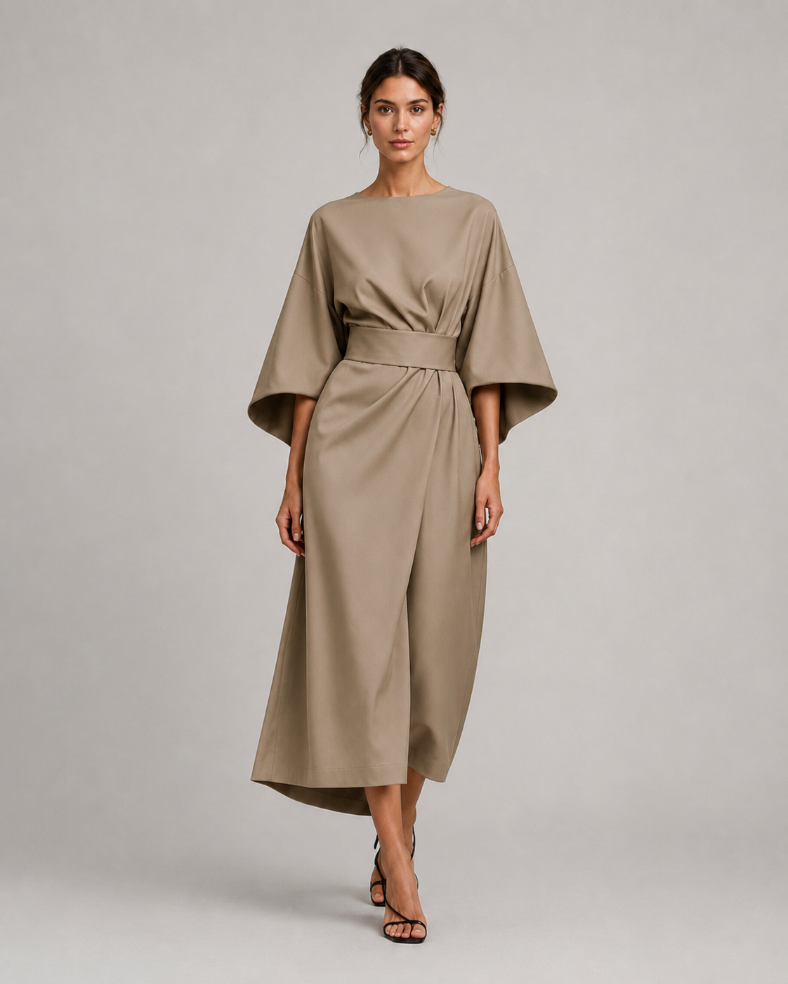 Women’s Midi Dress in Smooth Woven Fabric with Belted Waist and Flowing Skirt 022