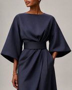 Women’s Midi Dress in Smooth Woven Fabric with Belted Waist and Flowing Skirt 02