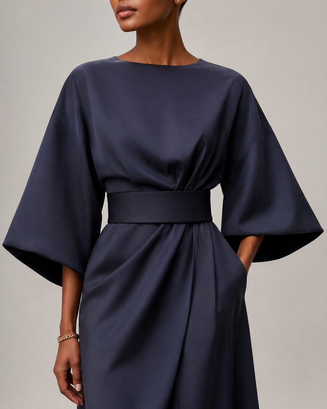 Women’s Midi Dress in Smooth Woven Fabric with Belted Waist and Flowing Skirt 02