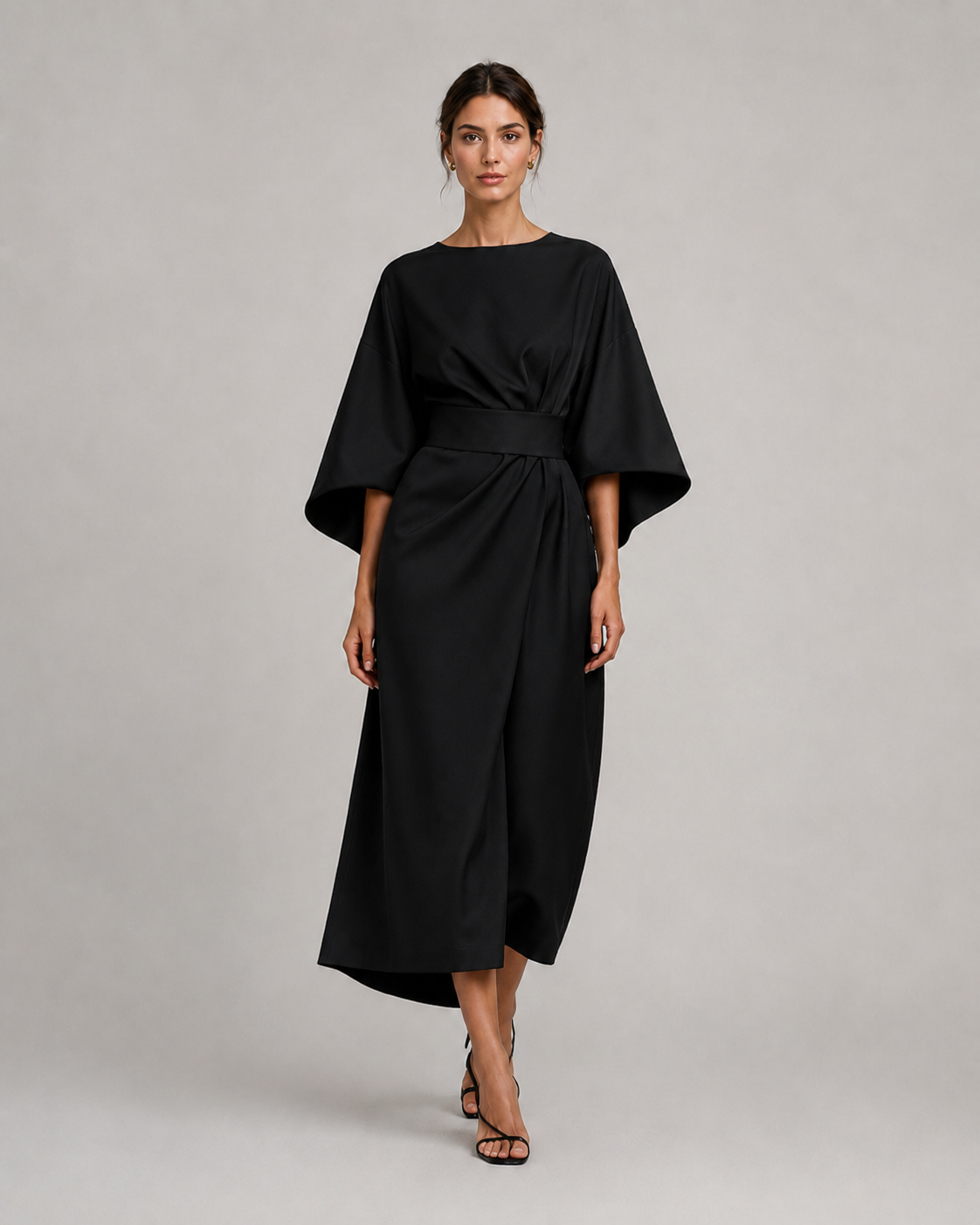 Women’s Midi Dress in Smooth Woven Fabric with Belted Waist and Flowing Skirt 033