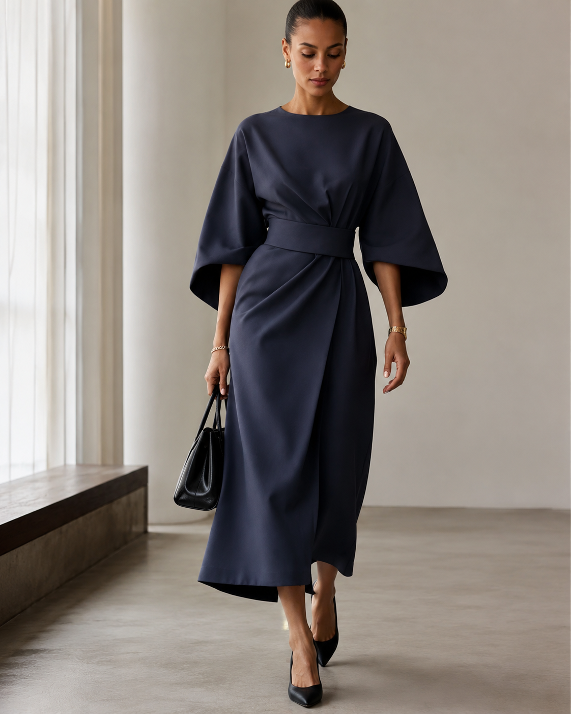 Women’s Midi Dress in Smooth Woven Fabric with Belted Waist and Flowing Skirt 03