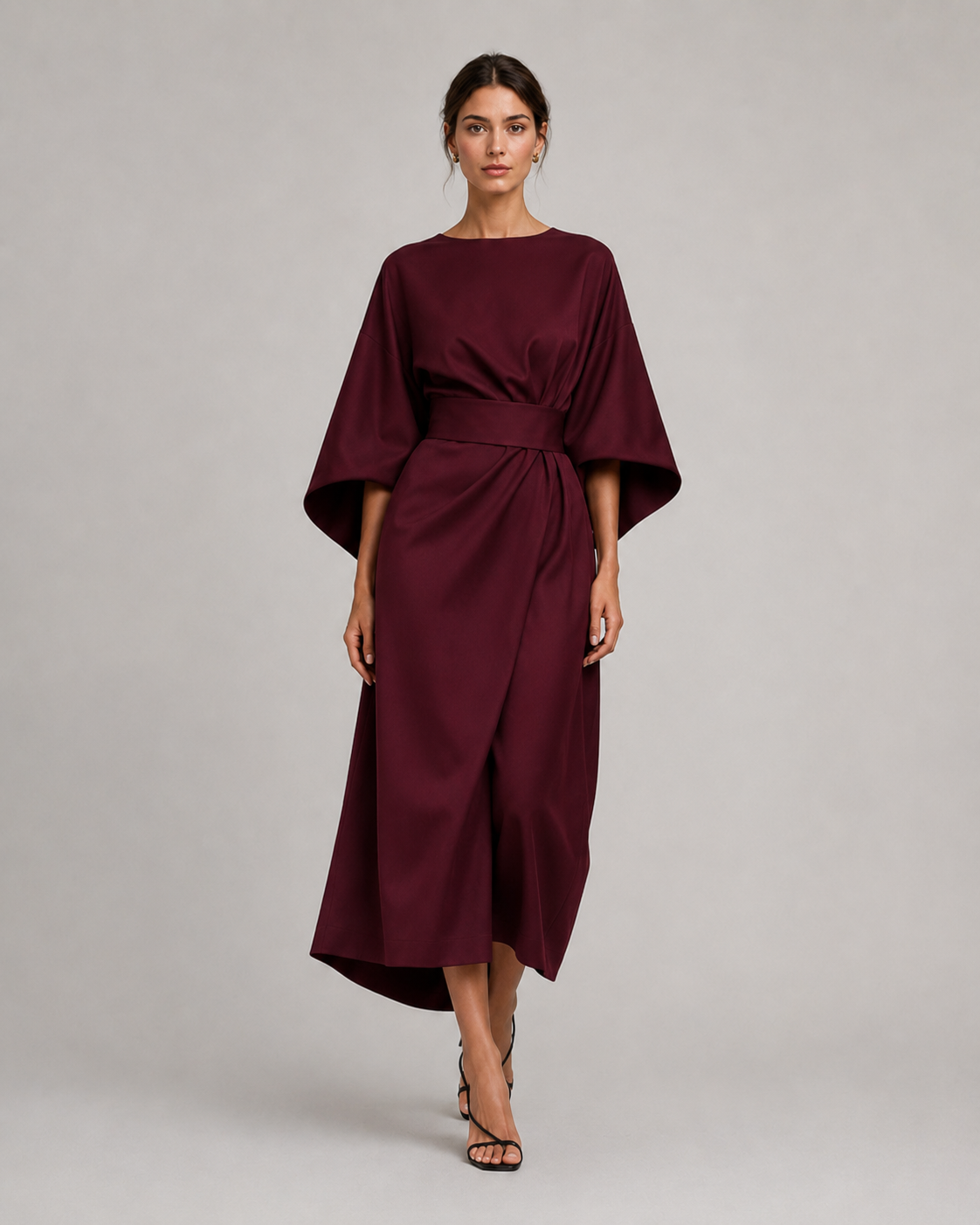 Women’s Midi Dress in Smooth Woven Fabric with Belted Waist and Flowing Skirt 044