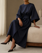 Women’s Midi Dress in Smooth Woven Fabric with Belted Waist and Flowing Skirt 04
