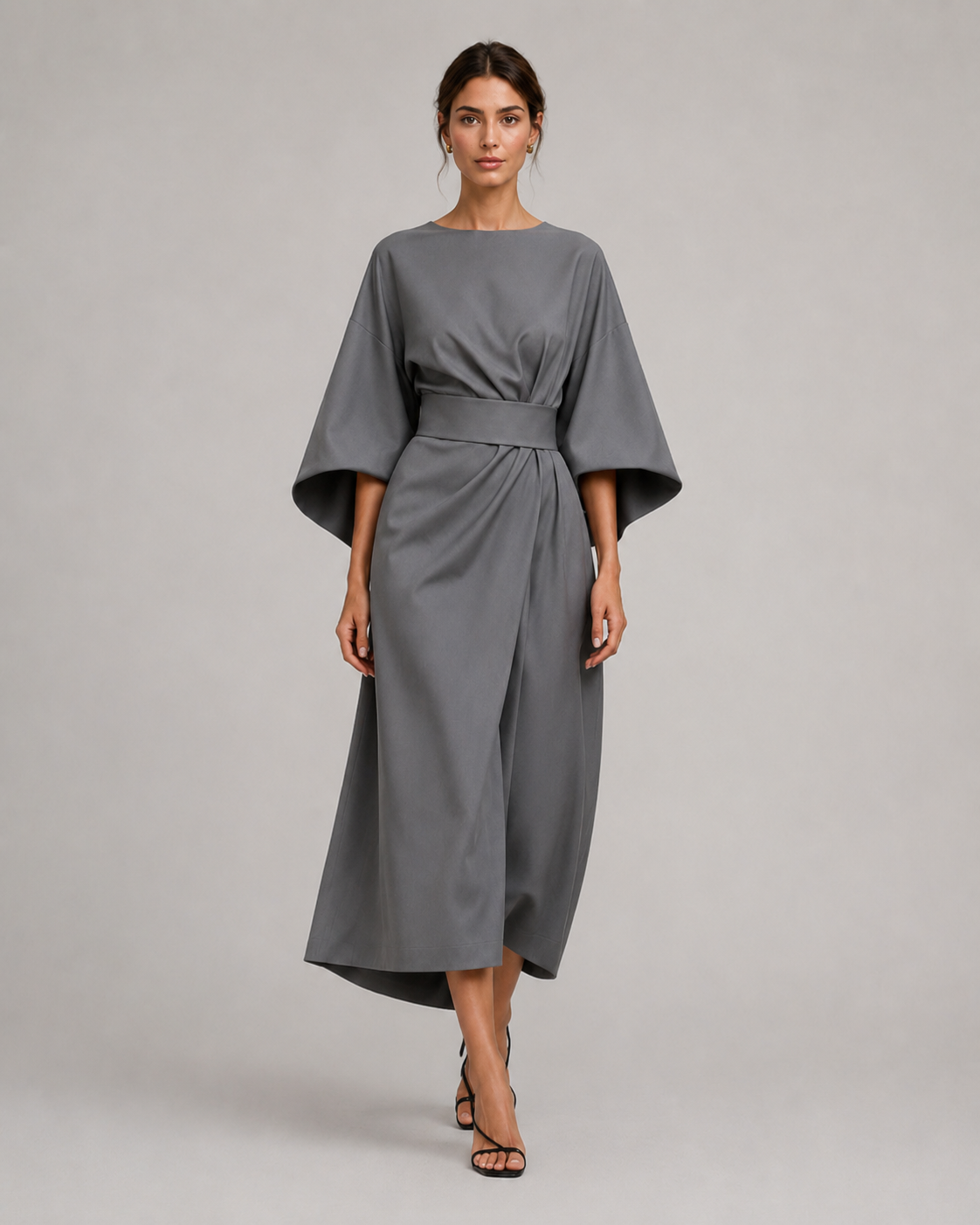 Women’s Midi Dress in Smooth Woven Fabric with Belted Waist and Flowing Skirt 055