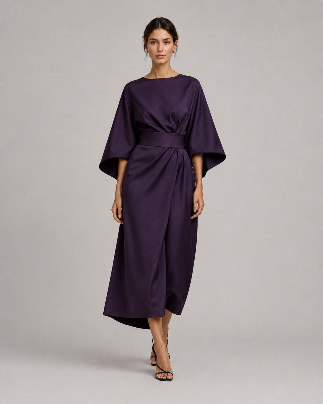 Women’s Midi Dress in Smooth Woven Fabric with Belted Waist and Flowing Skirt 0Women’s Midi Dress in Smooth Woven Fabric with Belted Waist and Flowing Skirt 066