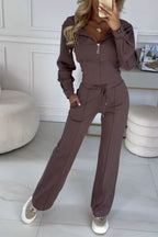 Women’s Mocha Loungewear Set with Sculpted Zip Top and Flared Trousers 0
