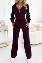 Women’s Mocha Loungewear Set with Sculpted Zip Top and Flared Trousers 2