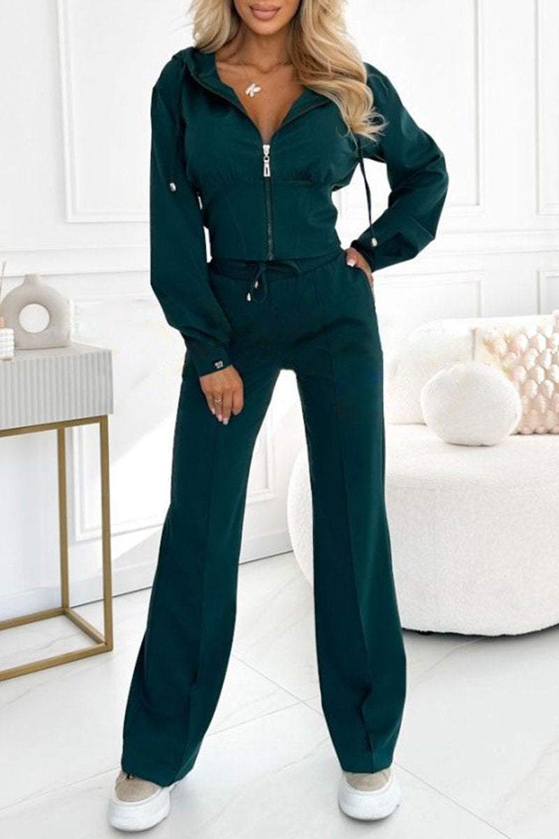 Women’s Mocha Loungewear Set with Sculpted Zip Top and Flared Trousers 3