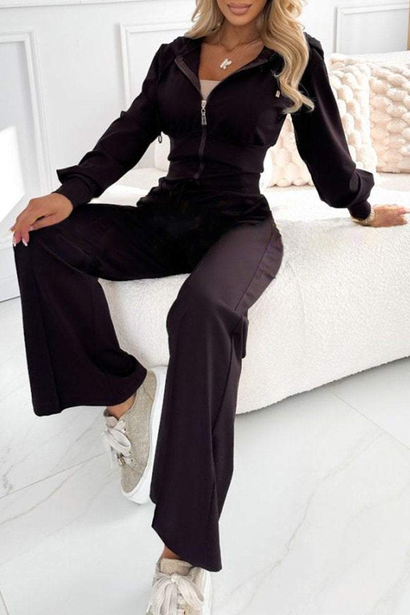 Women’s Mocha Loungewear Set with Sculpted Zip Top and Flared Trousers 5
