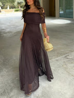 Women’s Off-Shoulder Brown Maxi Dress with Sheer Overlay for Formal Occasions 0