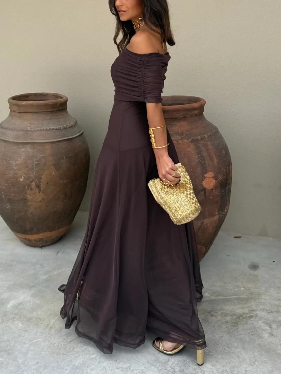 Women’s Off-Shoulder Brown Maxi Dress with Sheer Overlay for Formal Occasions 1