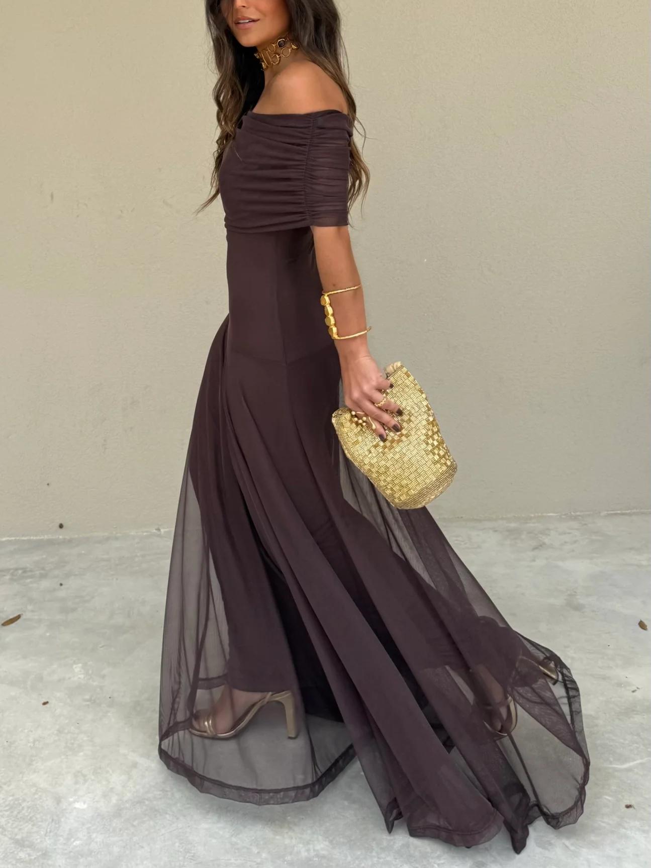 Women’s Off-Shoulder Brown Maxi Dress with Sheer Overlay for Formal Occasions 2