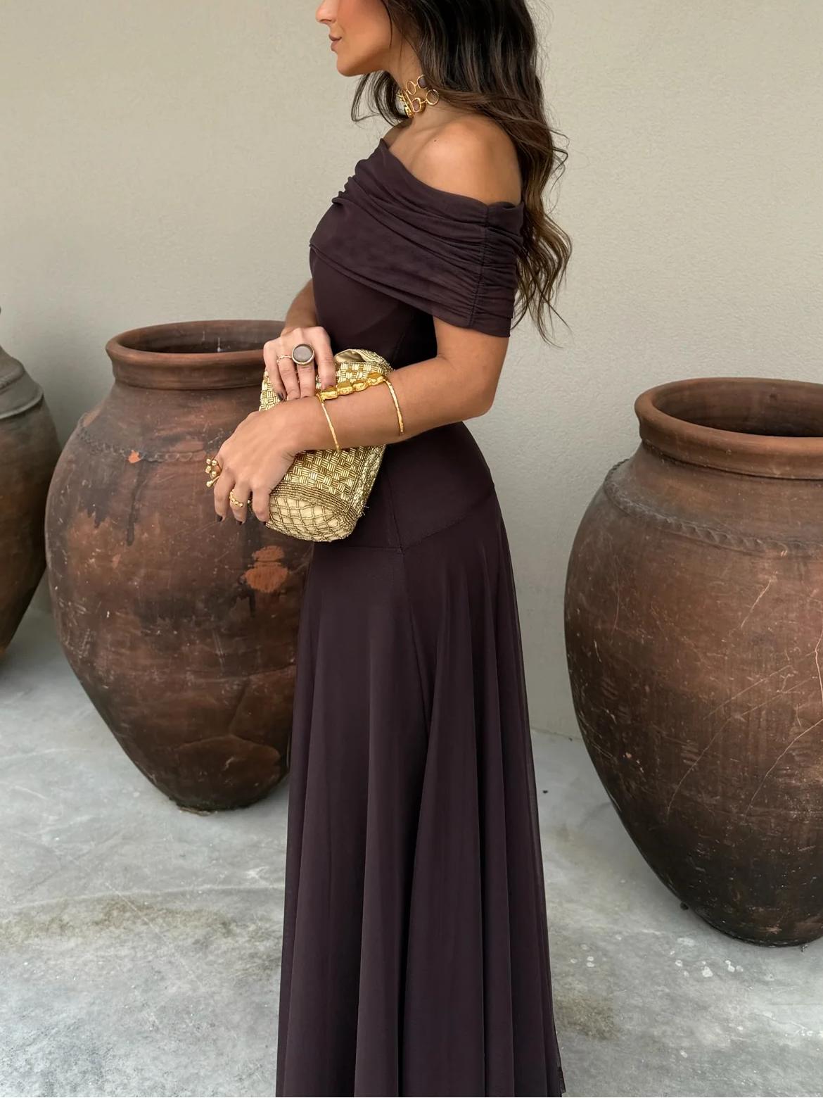 Women’s Off-Shoulder Brown Maxi Dress with Sheer Overlay for Formal Occasions 3