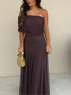 Women’s Off-Shoulder Brown Maxi Dress with Sheer Overlay for Formal Occasions 4