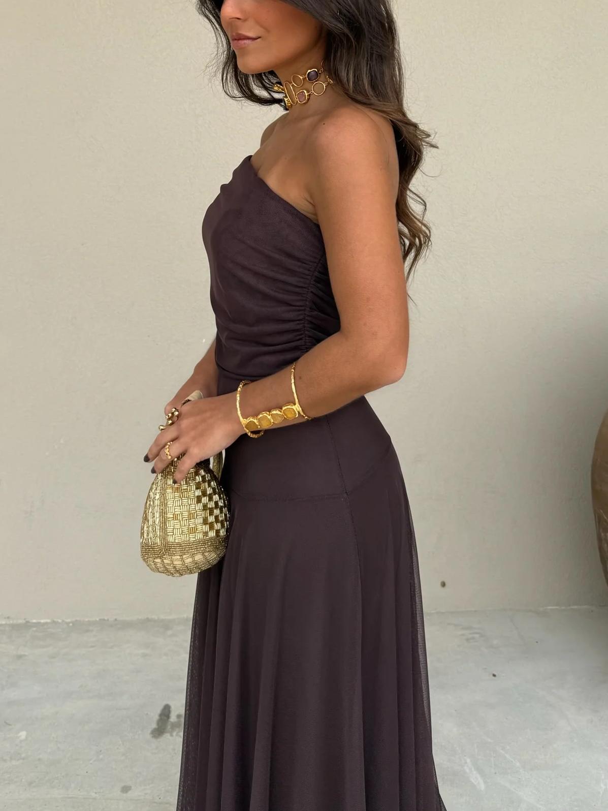 Women’s Off-Shoulder Brown Maxi Dress with Sheer Overlay for Formal Occasions 5