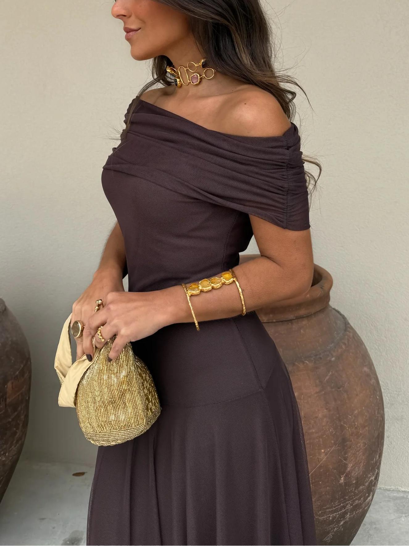 Women’s Off-Shoulder Brown Maxi Dress with Sheer Overlay for Formal Occasions 6