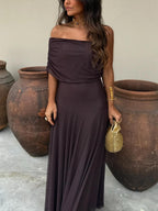 Women’s Off-Shoulder Brown Maxi Dress with Sheer Overlay for Formal Occasions 7
