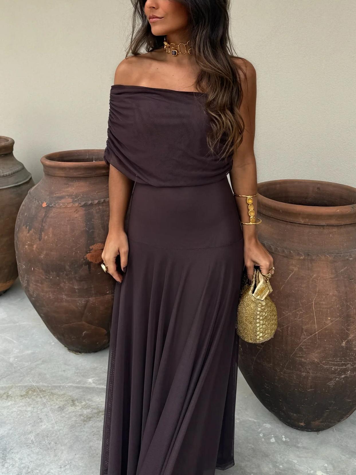 Women’s Off-Shoulder Brown Maxi Dress with Sheer Overlay for Formal Occasions 7