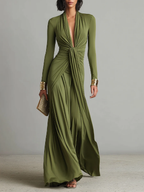 Women’s Olive Green Pleated Maxi Dress with Deep V-Neck and Long Sleeves 0