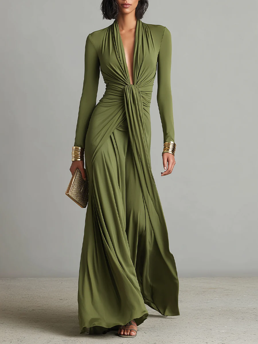 Women’s Olive Green Pleated Maxi Dress with Deep V-Neck and Long Sleeves 0
