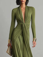 Women’s Olive Green Pleated Maxi Dress with Deep V-Neck and Long Sleeves 1