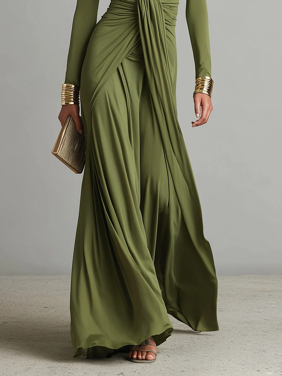 Women’s Olive Green Pleated Maxi Dress with Deep V-Neck and Long Sleeves 2