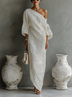 Women’s One-Shoulder Maxi Dress in Lightweight Cotton-Linen Blend 0