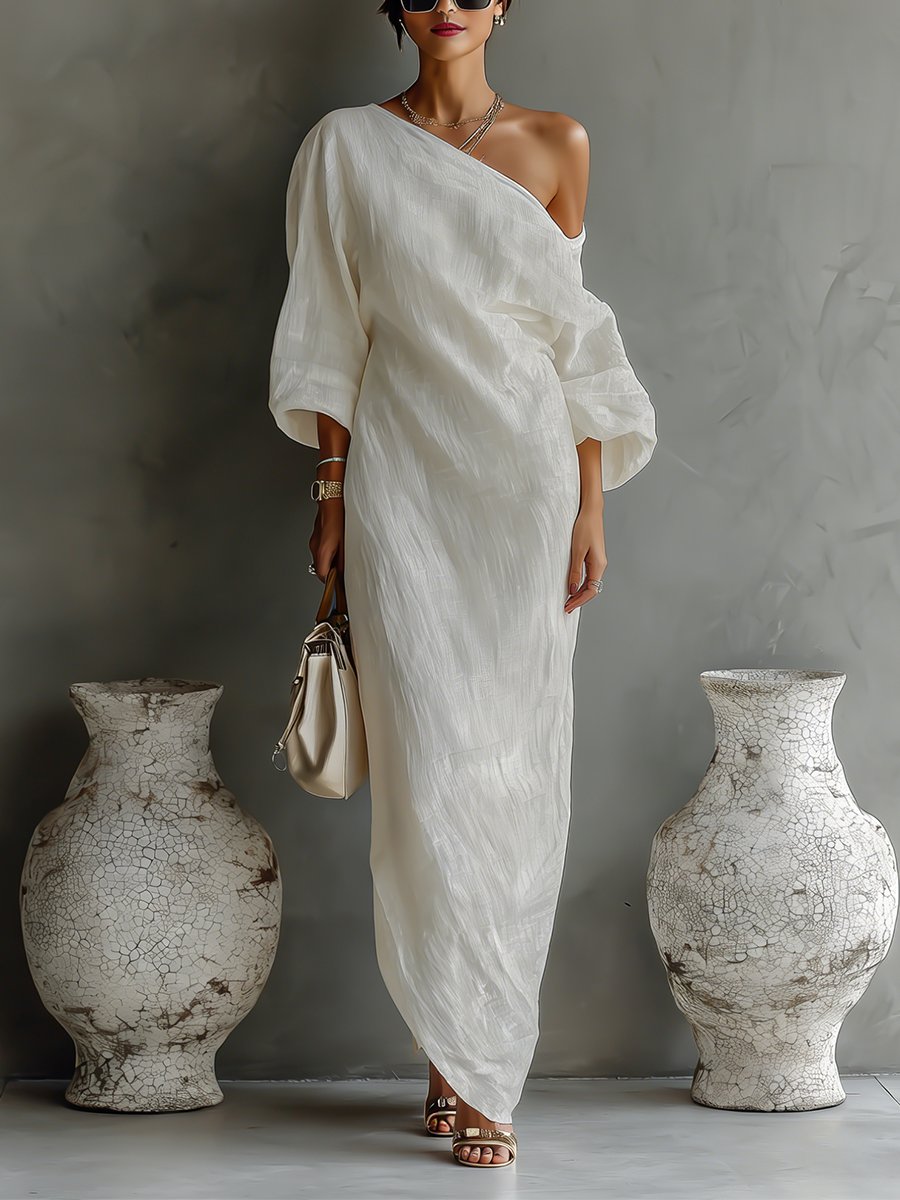 Women’s One-Shoulder Maxi Dress in Lightweight Cotton-Linen Blend 0