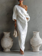 Women’s One-Shoulder Maxi Dress in Lightweight Cotton-Linen Blend 2
