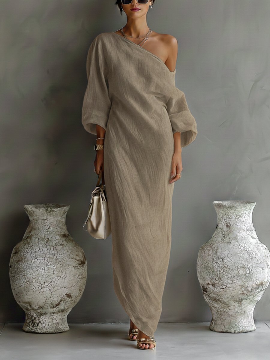 Women’s One-Shoulder Maxi Dress in Lightweight Cotton-Linen Blend 3