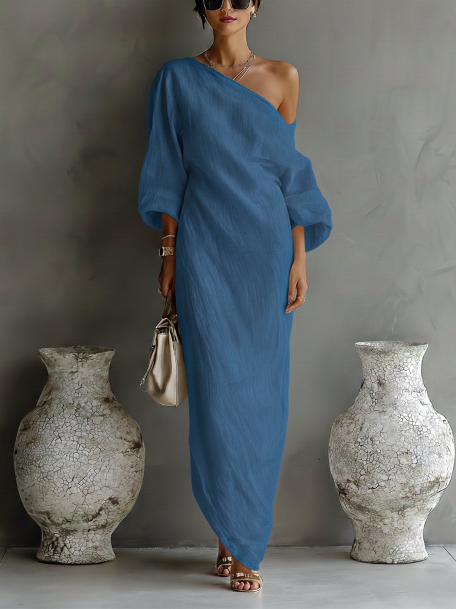 Women’s One-Shoulder Maxi Dress in Lightweight Cotton-Linen Blend 4