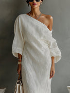 Women’s One-Shoulder Maxi Dress in Lightweight Cotton-Linen Blend 5