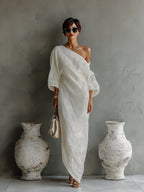 Women’s One-Shoulder Maxi Dress in Lightweight Cotton-Linen Blend 7
