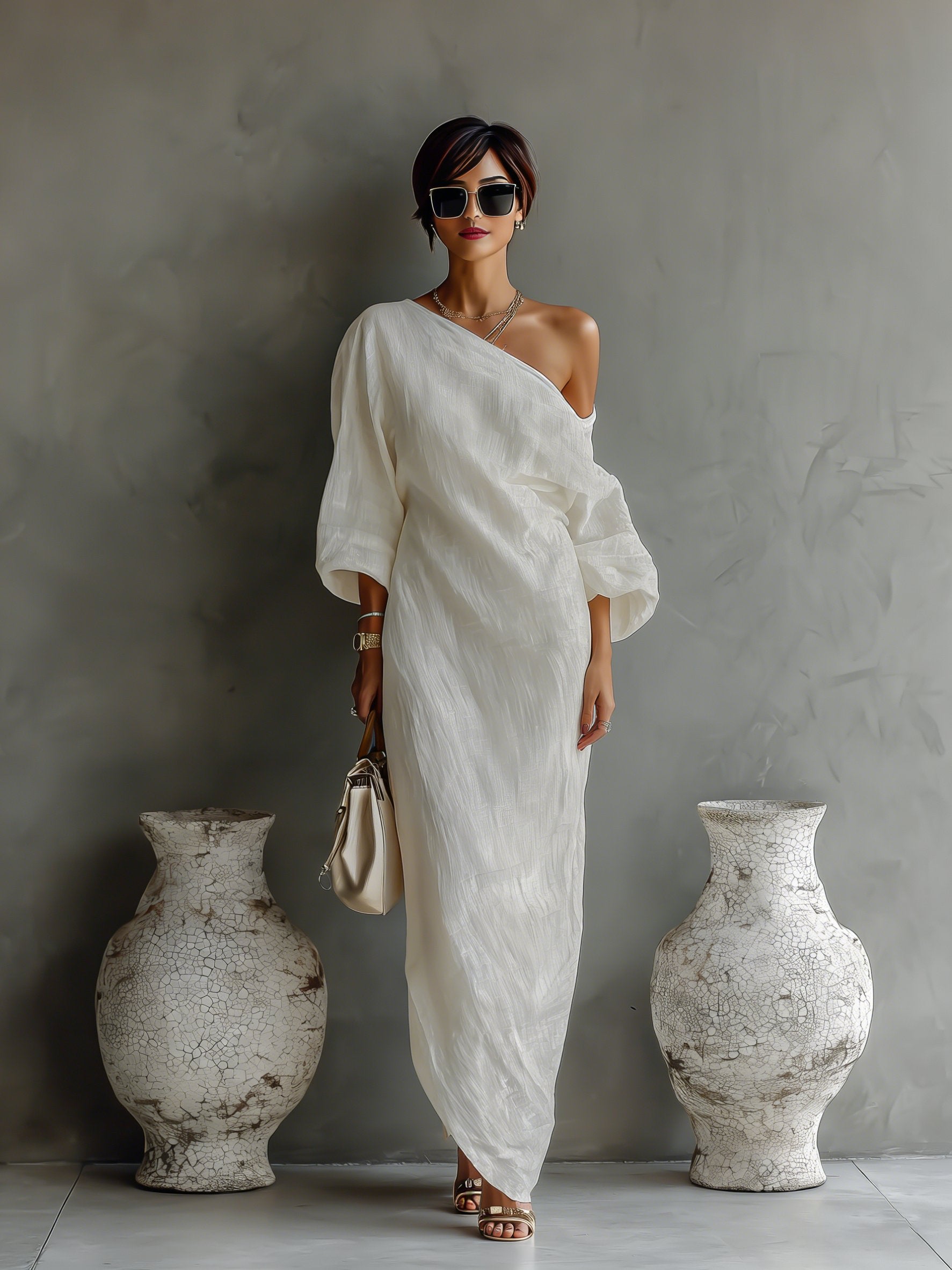 Women’s One-Shoulder Maxi Dress in Lightweight Cotton-Linen Blend 7