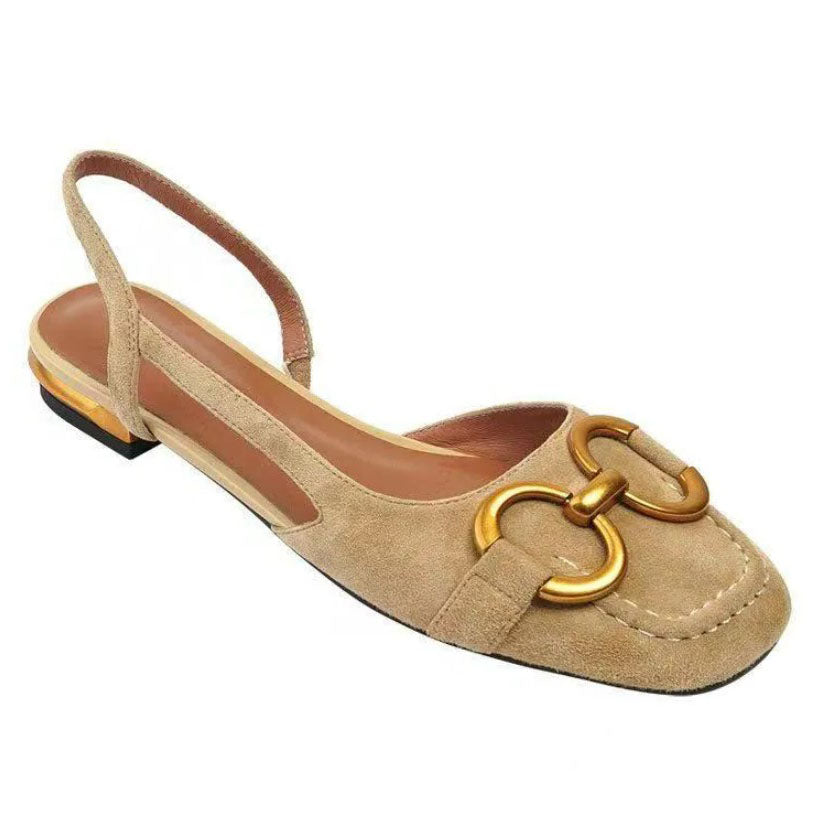 Women’s Open Heel Black Ballet Flats with Elegant Detail and Low Metallic Heel 3