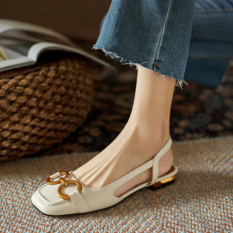 Women’s Open Heel Black Ballet Flats with Elegant Detail and Low Metallic Heel 4