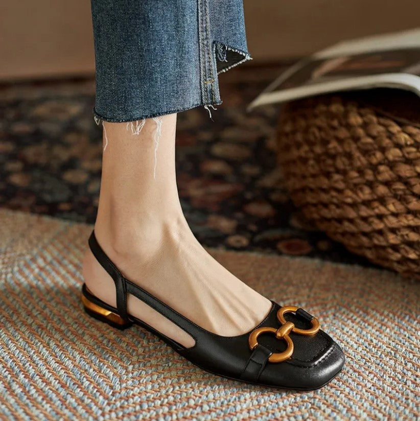 Women’s Open Heel Black Ballet Flats with Elegant Detail and Low Metallic Heel 5