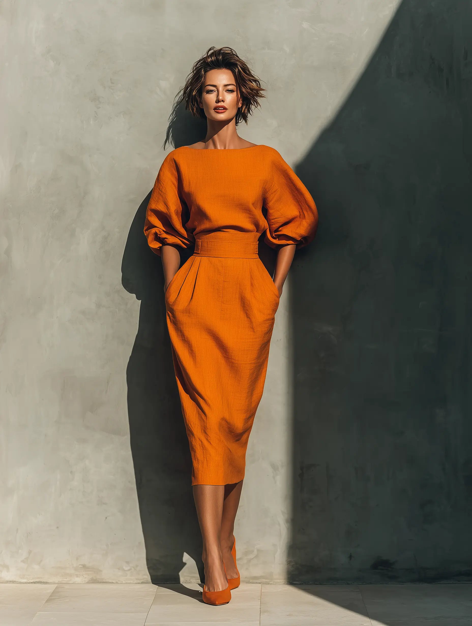 Women’s Orange Two Piece Set with Structured Top and Fitted Midi Skirt 0