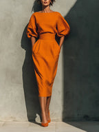 Women’s Orange Two Piece Set with Structured Top and Fitted Midi Skirt 1