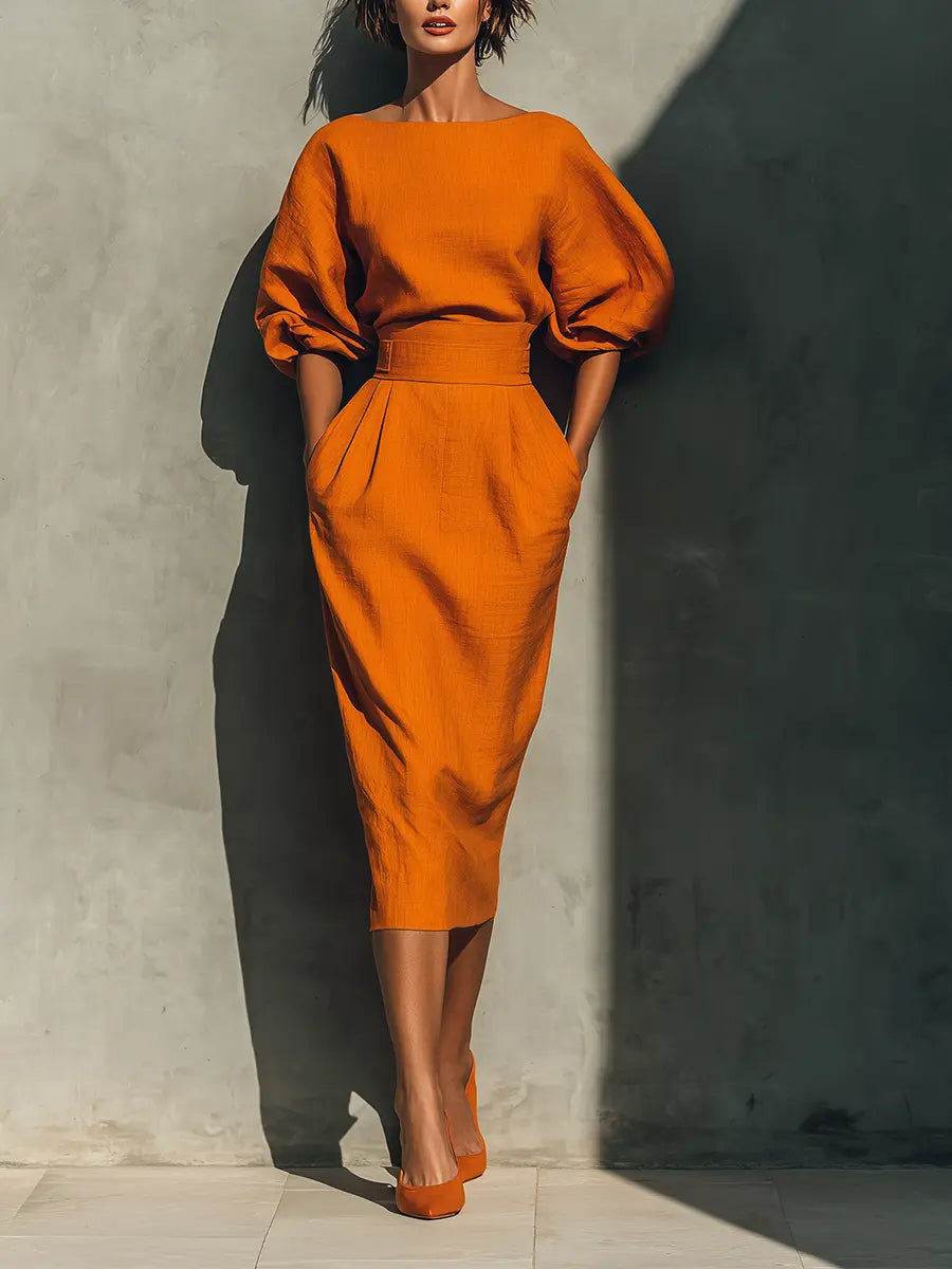 Women’s Orange Two Piece Set with Structured Top and Fitted Midi Skirt 1