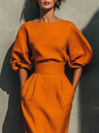 Women’s Orange Two Piece Set with Structured Top and Fitted Midi Skirt 3