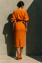 Women’s Orange Two Piece Set with Structured Top and Fitted Midi Skirt 4