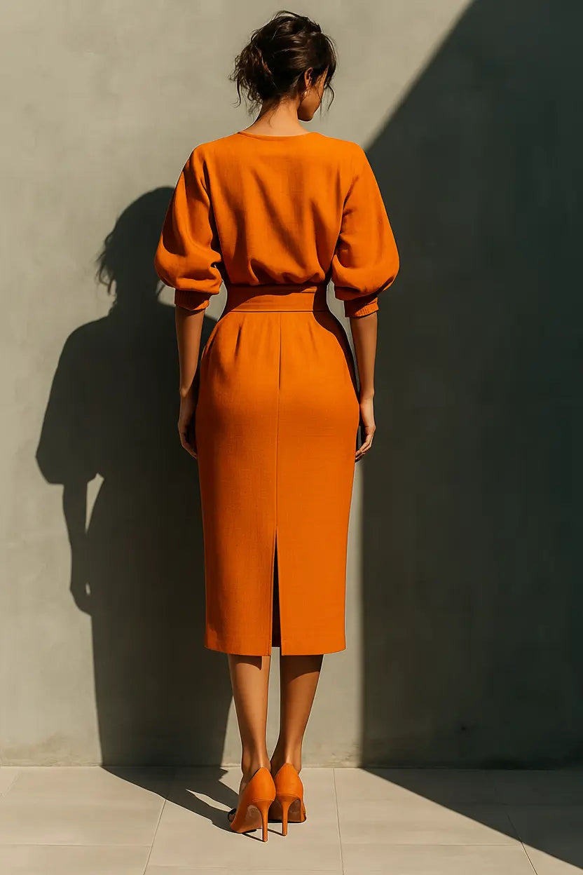 Women’s Orange Two Piece Set with Structured Top and Fitted Midi Skirt 4