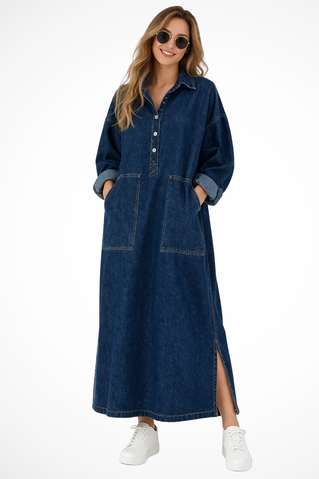 Women’s Oversized Denim Maxi Dress with Collared Neckline and Pockets 0
