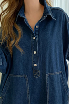 Women’s Oversized Denim Maxi Dress with Collared Neckline and Pockets 2