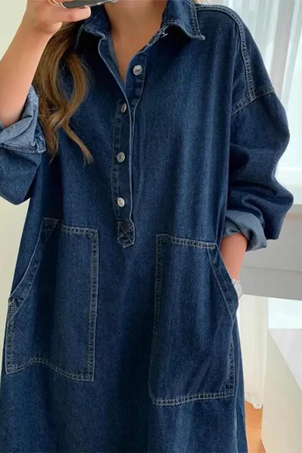 Women’s Oversized Denim Maxi Dress with Collared Neckline and Pockets 3