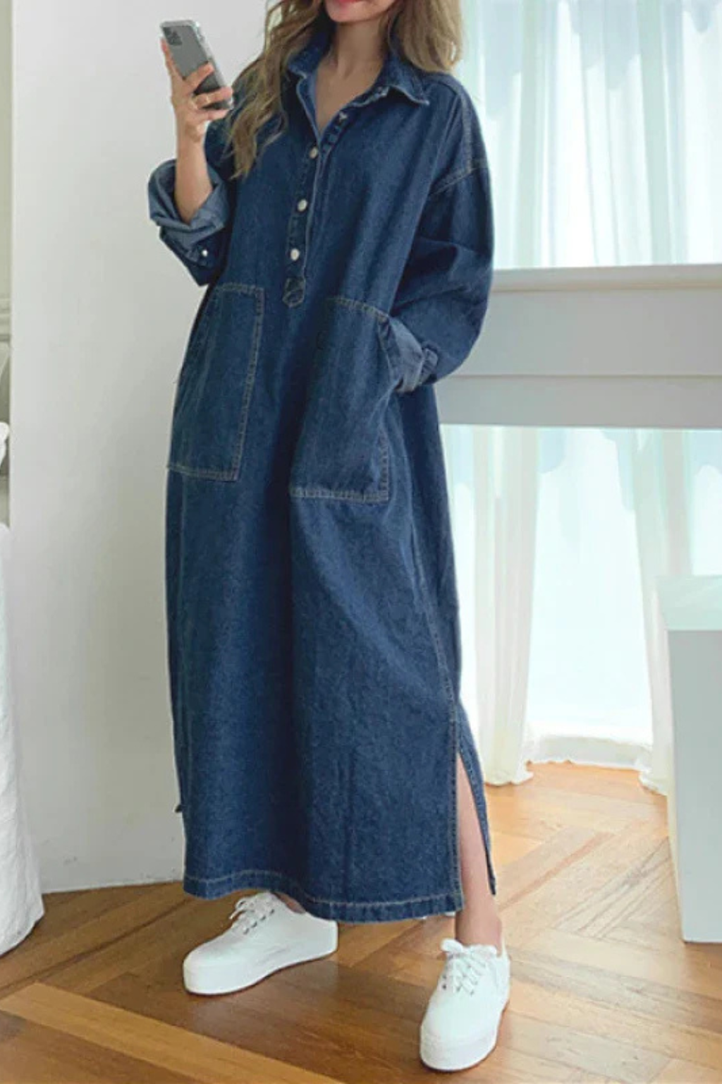 Women’s Oversized Denim Maxi Dress with Collared Neckline and Pockets 4