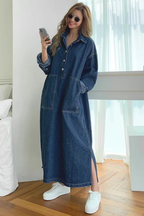 Women’s Oversized Denim Maxi Dress with Collared Neckline and Pockets 5